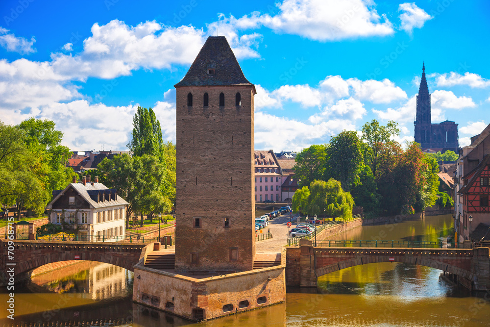 Strasbourg, medieval bridge Ponts Couverts and Cathedral. Alsace