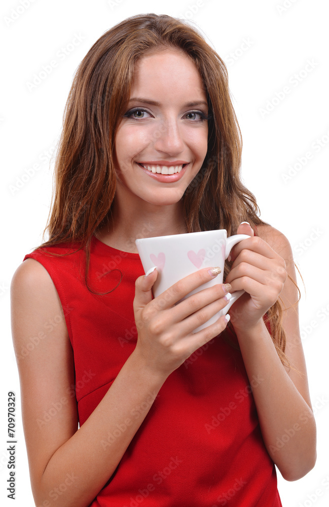 Beautiful young girl with cup of coffee on white background