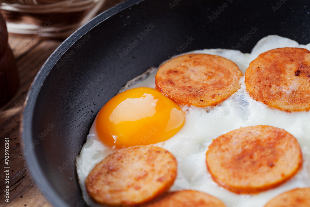 Fried sausage and eggs, breakfast idea Fried sausage and eggs, breakfast idea