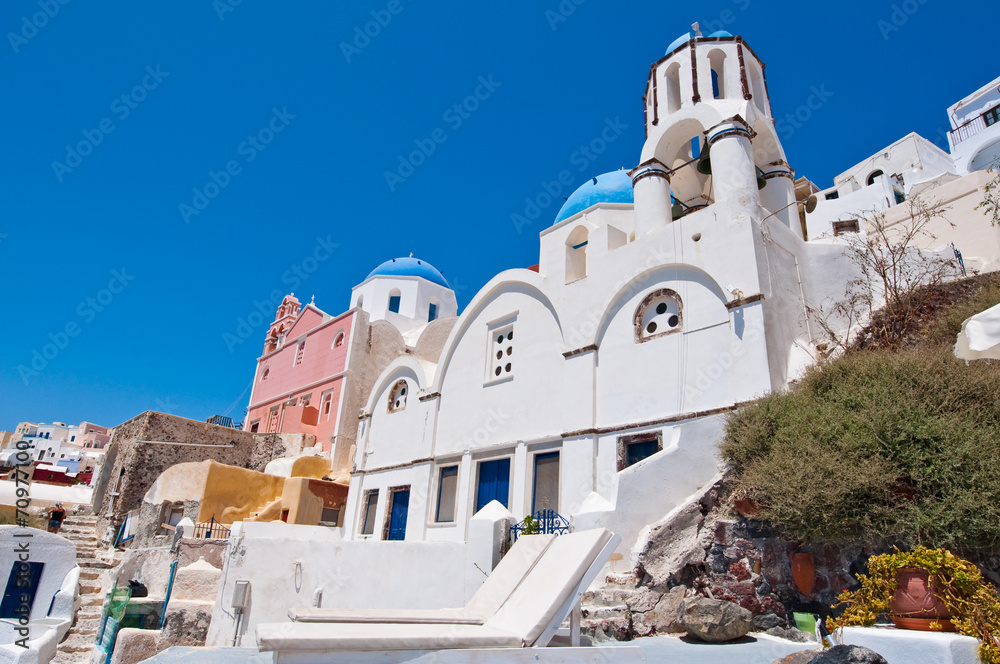Blue domed church on the island of Santorini, Greece.