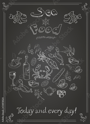 Set of hand drawn seafood on blackboard