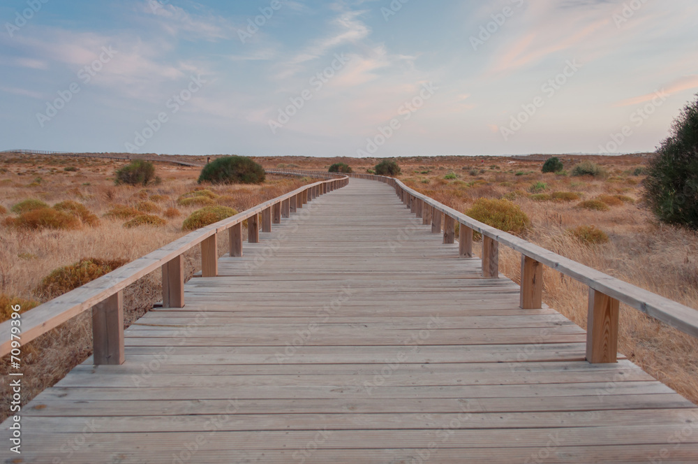 Obraz premium Drewniana kładka na wydmach, Algarve, Portugalia, o zachodzie słońca