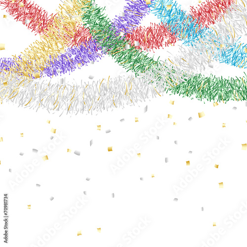 Colorful tinsel garland decoration and confetti