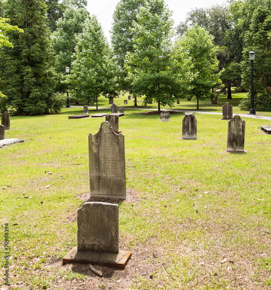 Old Worn Tombstones on Green Grass Old Worn Tombstones on Green Grass