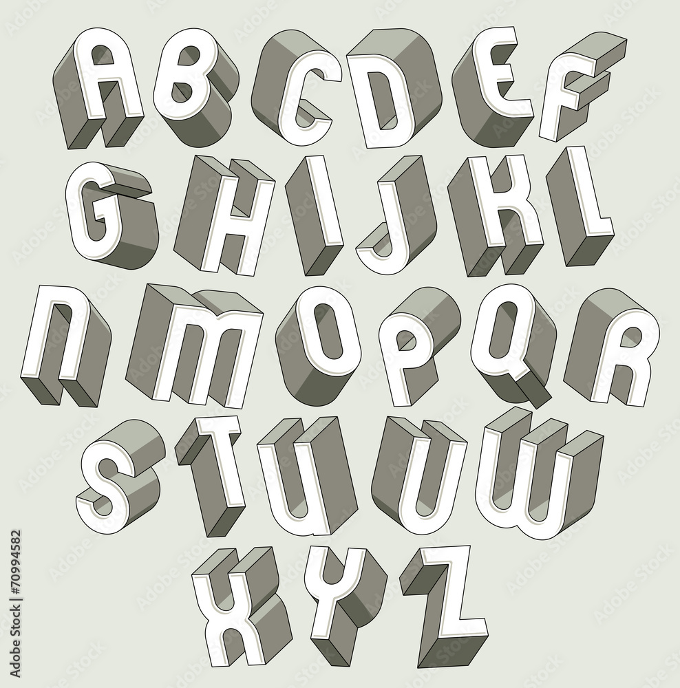 Bold and heavy 3d letters set, dimensional vector font.