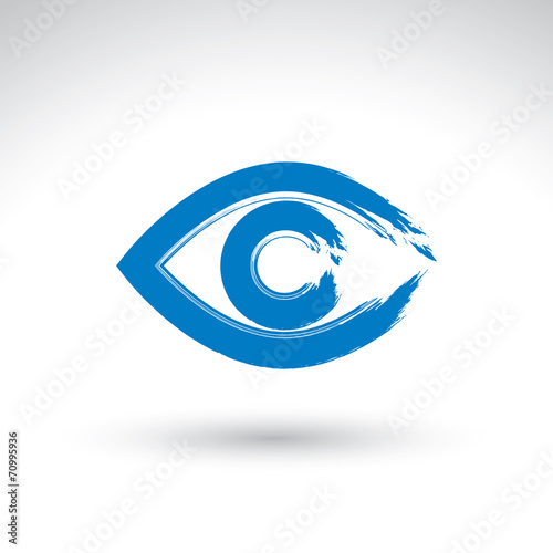 Hand drawn human eye icon, brush drawing blue medicine sign, ori