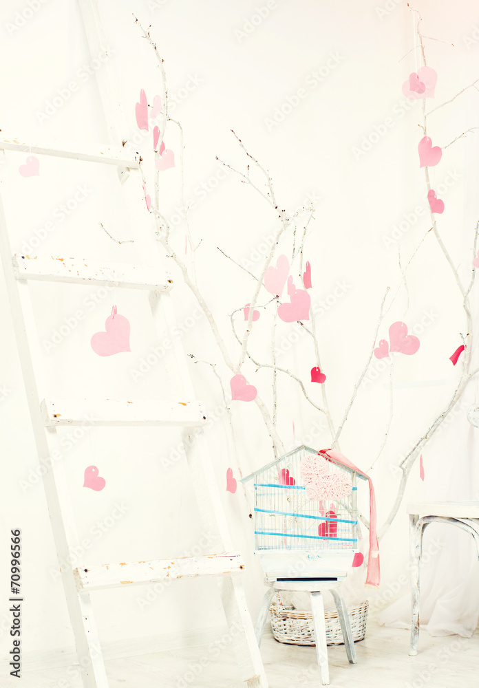 interior with pink hearts - obrazy, fototapety, plakaty 