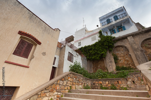 Street view with traditional colorful houses. Tangier, Morocco