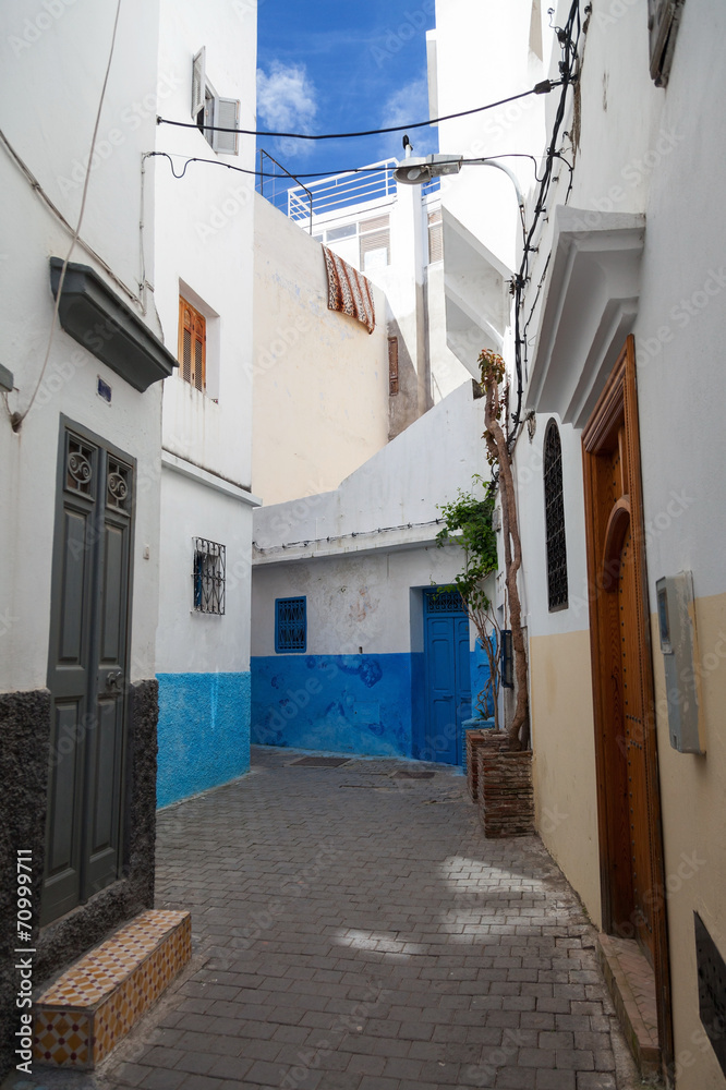 Narrow street of old Medina. Historical center of Tangier, Moroc