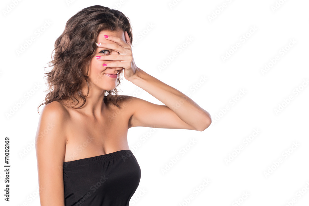Woman Covering Her Eyes and Peeking on white isolated background Woman Covering Her Eyes and Peeking on white isolated background