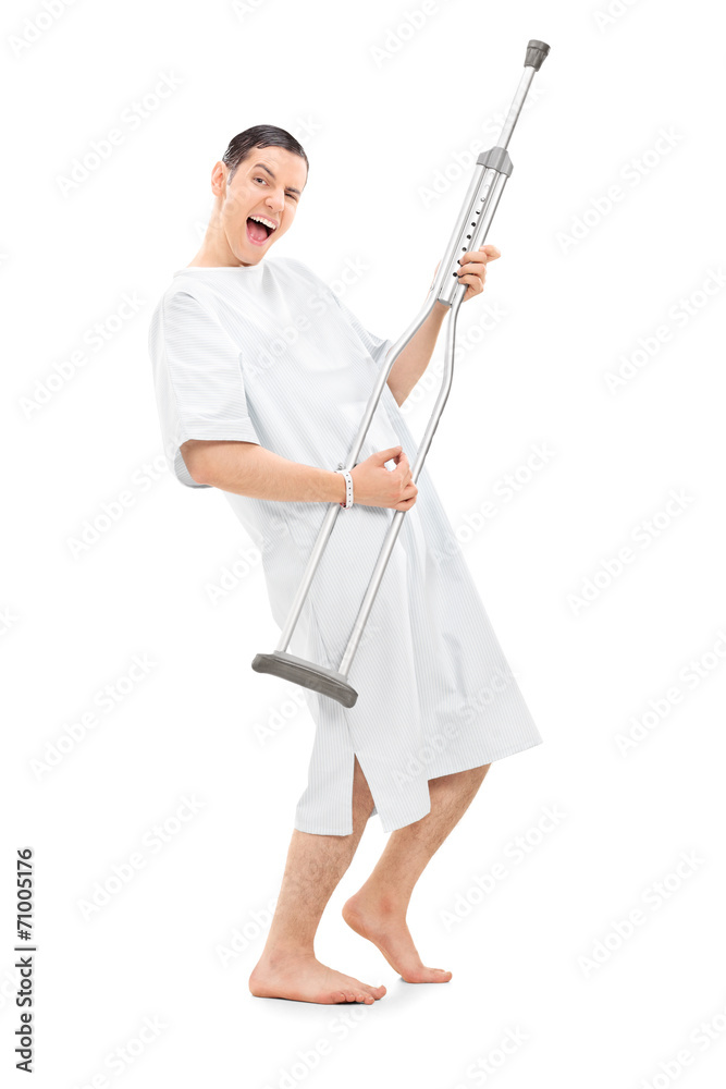 Patient playing on a crutch and dancing Patient playing on a crutch and dancing