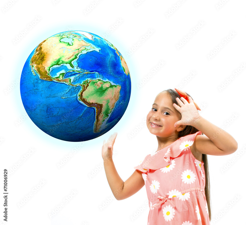 Beautiful little girl with big globe on white background Beautiful little girl with big globe on white background