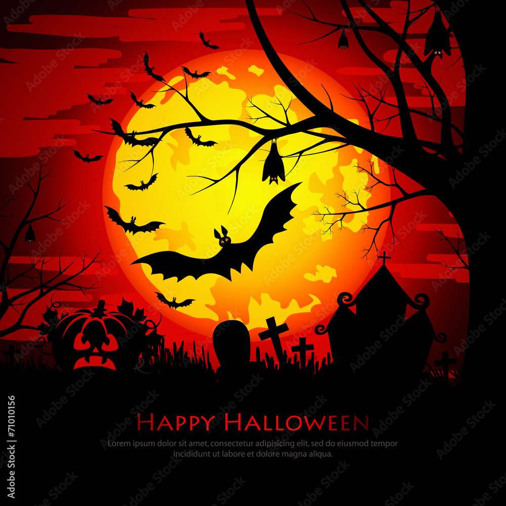Happy Halloween background with moon and bats