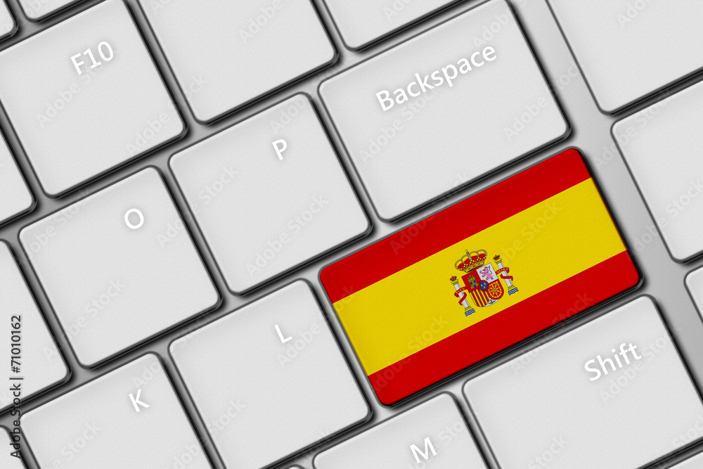 computer keyboard with spanish flag button - obrazy, fototapety, plakaty 
