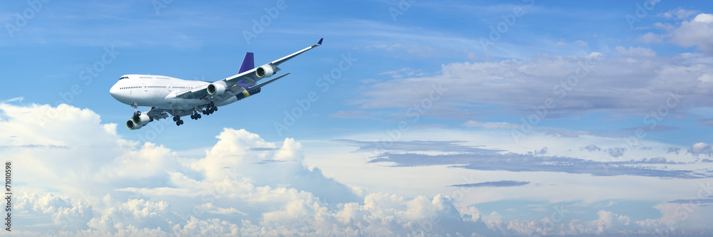 Fototapeta premium Jet plane in a blue cloudy sky