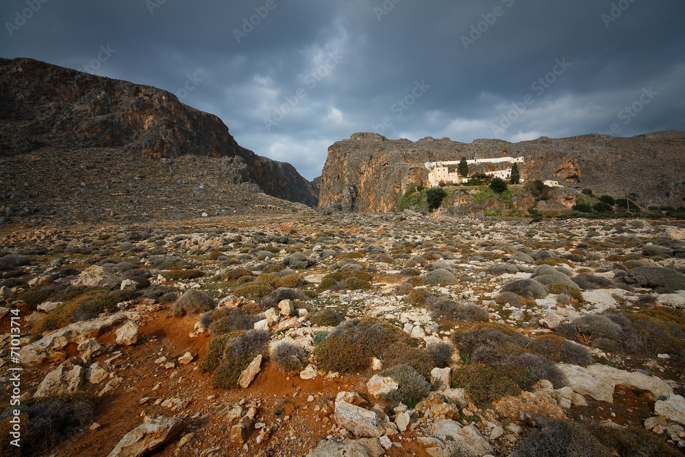 Monastery and a gorge in mountains of Crete, Greece. - obrazy, fototapety, plakaty 