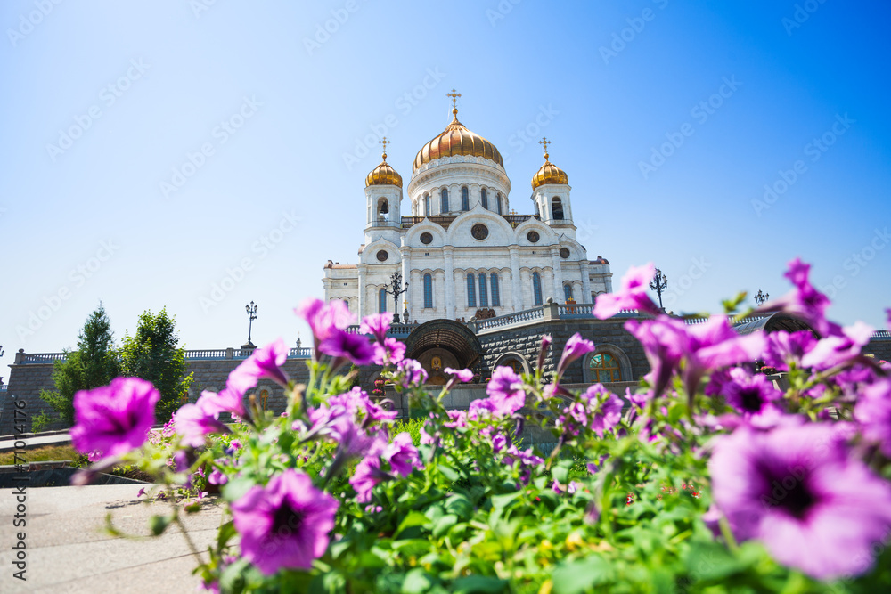 Cathedral of Christ the Savior with purple flowers