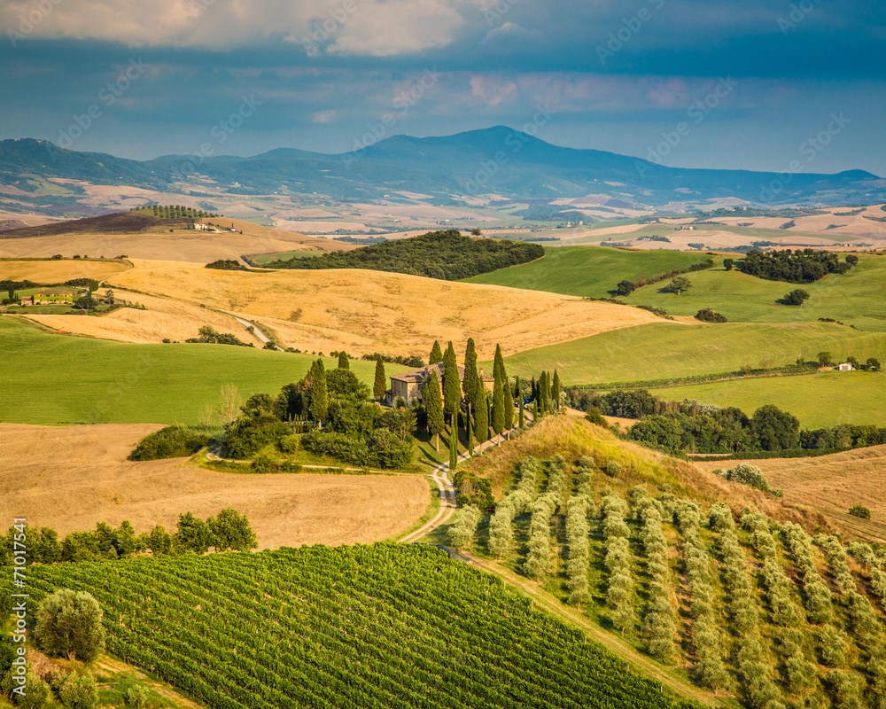 Scenic Tuscany landscape at sunset, Val d'Orcia, Italy