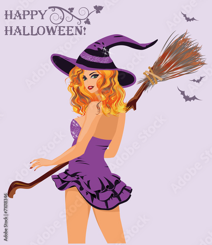 Happy Halloween. Sexy witch with broom, vector