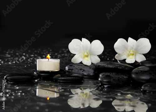 white orchid with two white candle and therapy stones reflection