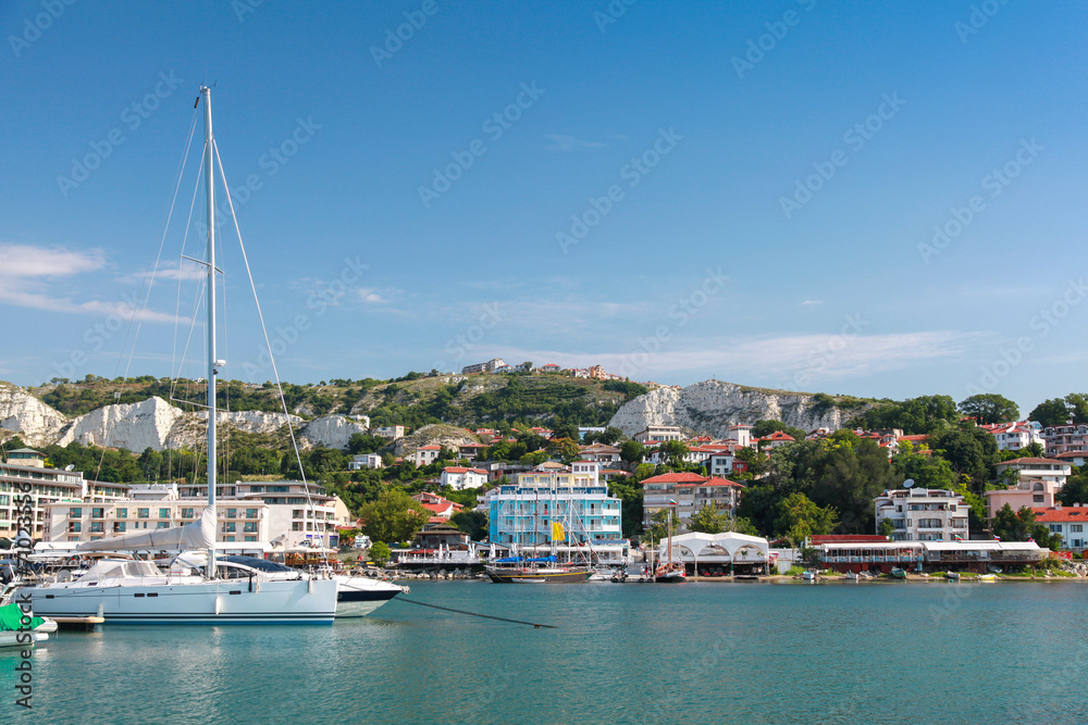 Yachts and pleasure boats are moored in marina of Balchik town