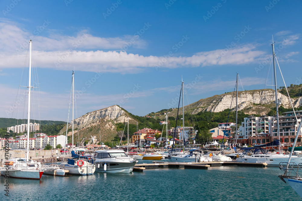 Yachts and pleasure boats are moored in marina of Balchik