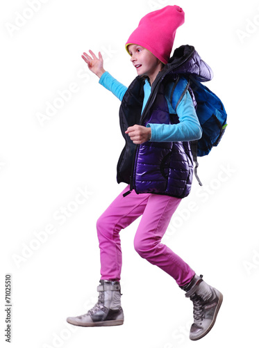 happy schoolgirl or traveler exercising, running and jumping © Cherry-Merry