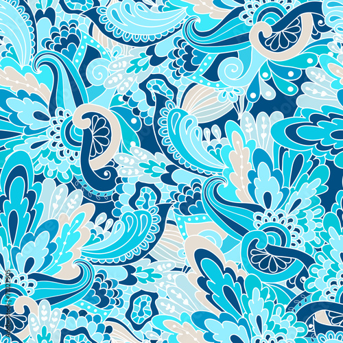 Hand-drawn doodle waves floral pattern, abstract green leaves an