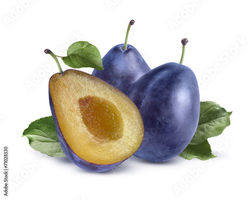 Two plums and split isolated on white background