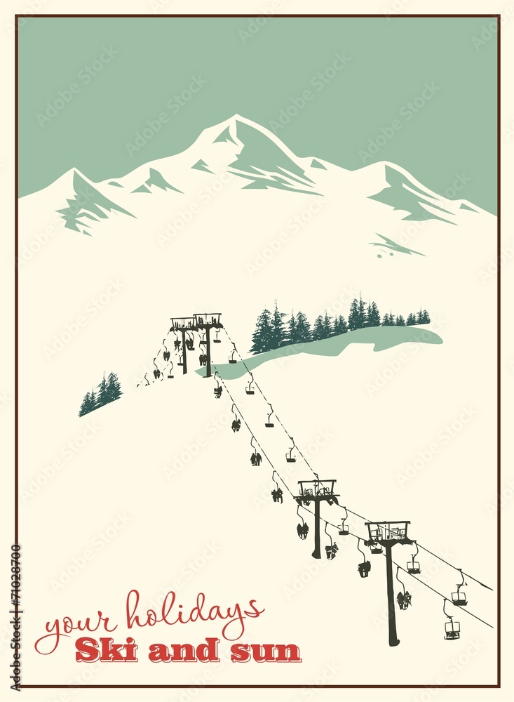 Winter background. Mountain landscape with ski lift - obrazy, fototapety, plakaty 