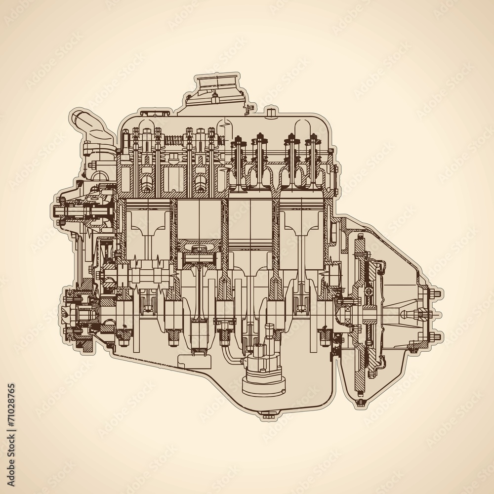 Obraz premium Old internal combustion engine, drawing. Vector