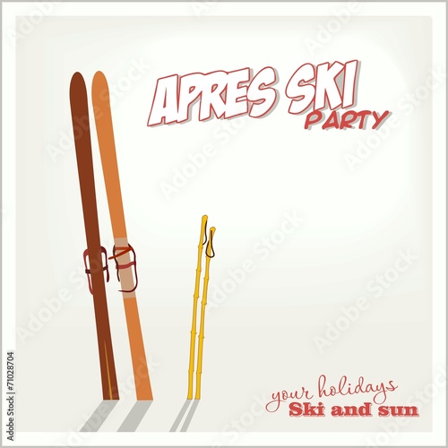 Banner ski party with ski equipment in the snow, Apres ski .