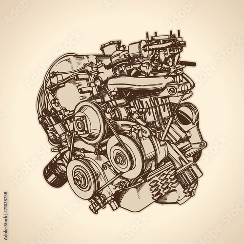 Old internal combustion engine, drawing. Vector