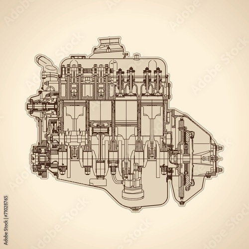 Old internal combustion engine, drawing. Vector