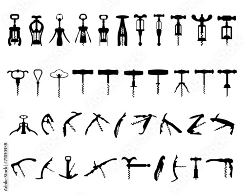 Set of black silhouette of corkscrew, vector