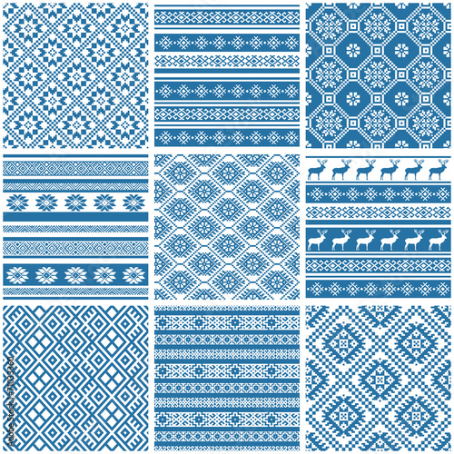 Collection set of 9 blue and white ornamental ethnic patterns