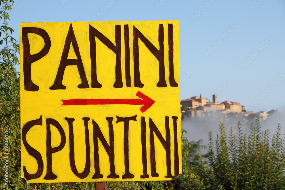 Fototapeta premium Sandwiches and snacks advertising board in Tuscany