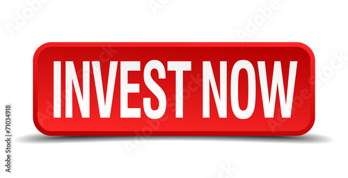 invest now red 3d square button on white background