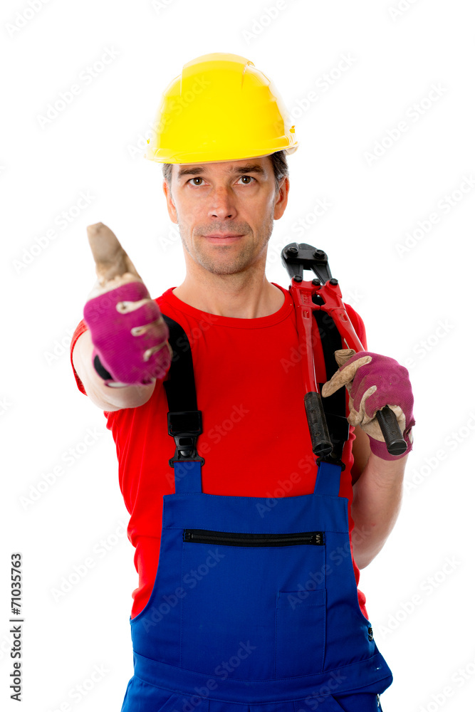 worker with bolt cropper on his shoulder and thumb up worker with bolt cropper on his shoulder and thumb up