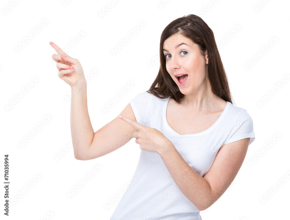Woman with two finger point up - obrazy, fototapety, plakaty 