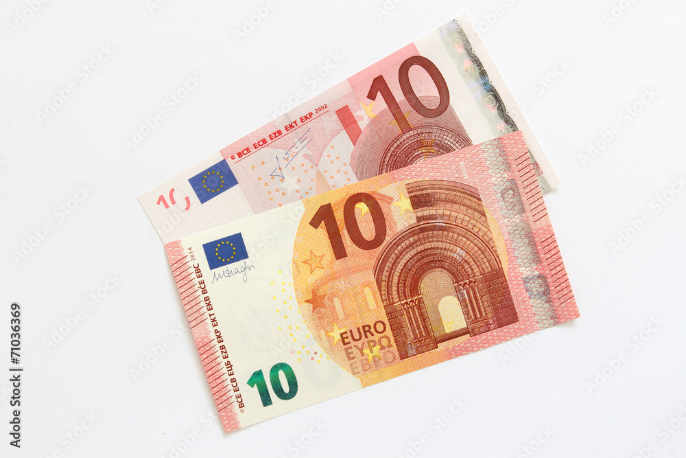 Alter und neuer Zehn Euro Geldschein aufgefächert Alter und neuer Zehn Euro Geldschein aufgefächert