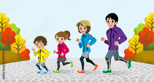 Running Family in the Autumn park