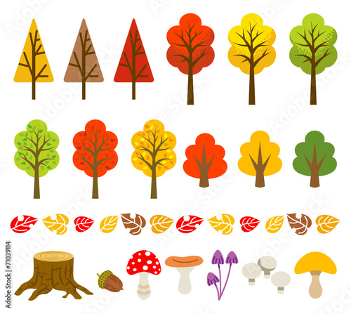 Autumn tree and mushroom set