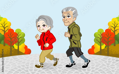 Running Senior Couple in the Autumn park