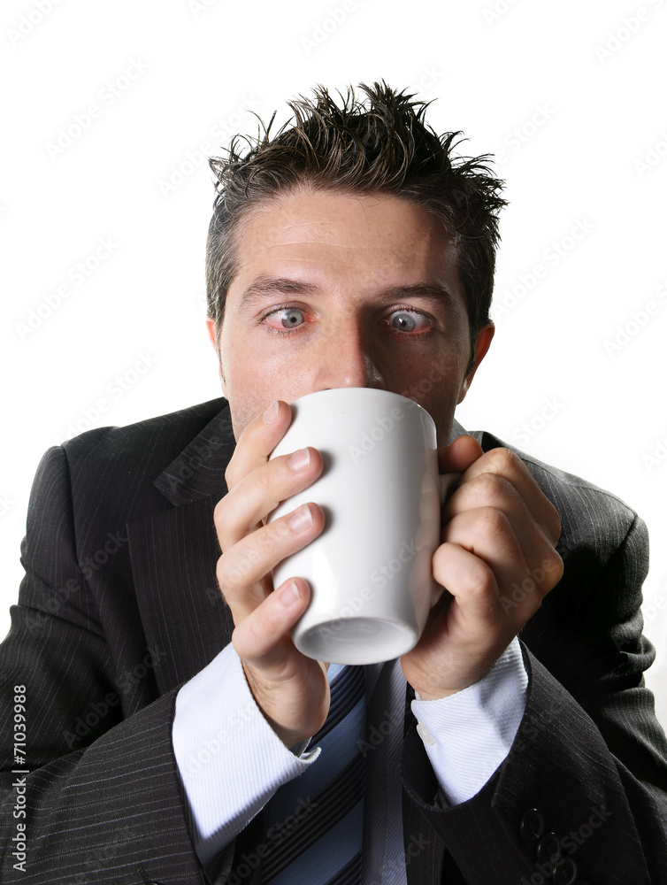 business man drinking cup of coffee crazy in caffeine addiction business man drinking cup of coffee crazy in caffeine addiction