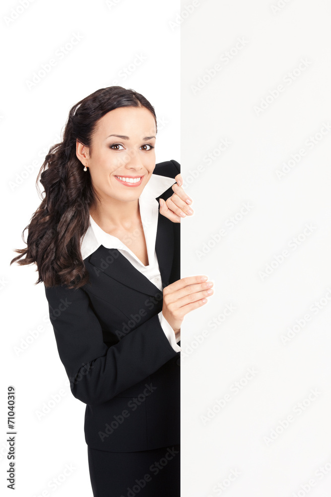 Businesswoman showing blank signboard, on white Businesswoman showing blank signboard, on white