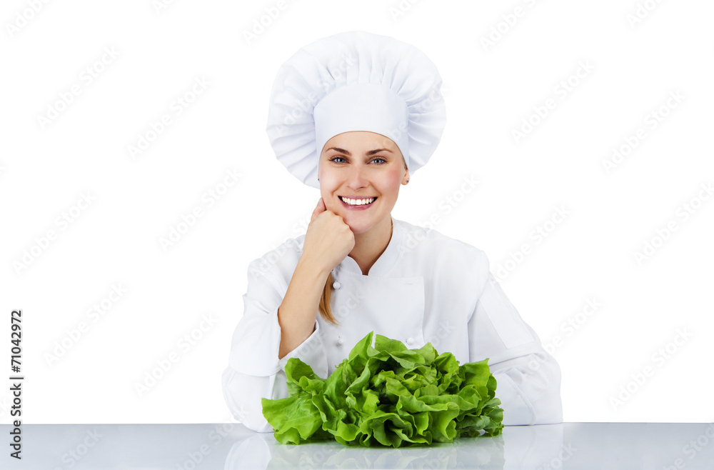 Chef woman. Isolated over white background by the table with sal Chef woman. Isolated over white background by the table with sal