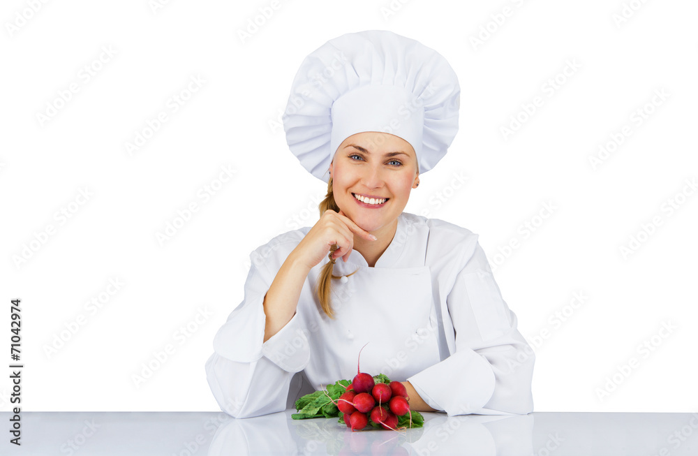 Chef woman. Isolated over white background by the table with veg Chef woman. Isolated over white background by the table with veg