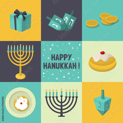PrintJewish Holiday Hanukkah icons set. Vector illustration