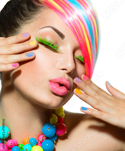 Beauty Woman Portrait with Colorful Makeup  Hair and Accessories